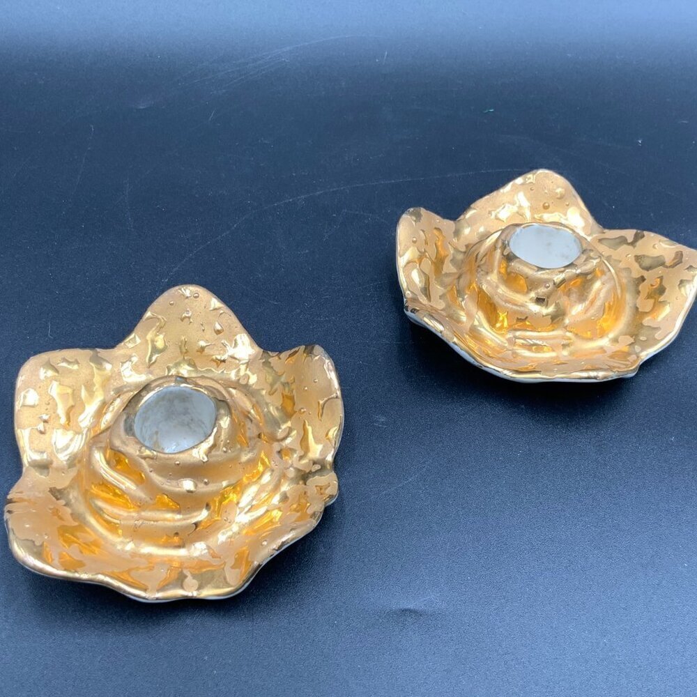 Pair of 2 Vintage Weeping Gold Taper Candle Holders 4" Unmarked